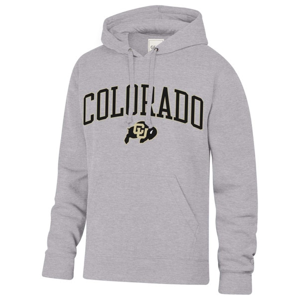 A gray hoodie featuring black arched Colorado lettering and a C-U Buffalo logo, with a drawstring hood and a large kanga pocket.